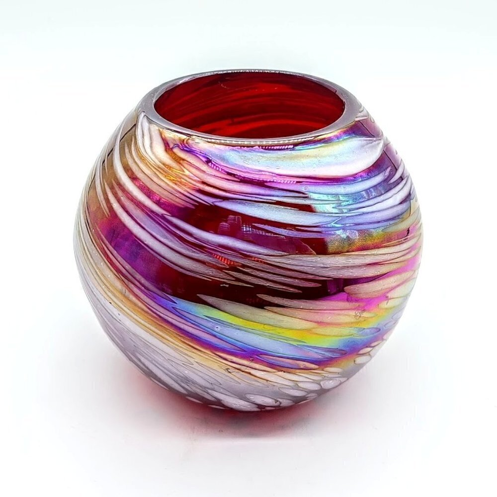 Red Iridescent Handblown Glass Candle Holder